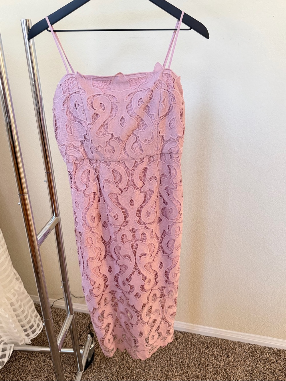 Bardot Blush Pink Lace Midi Dress with Spaghetti Straps